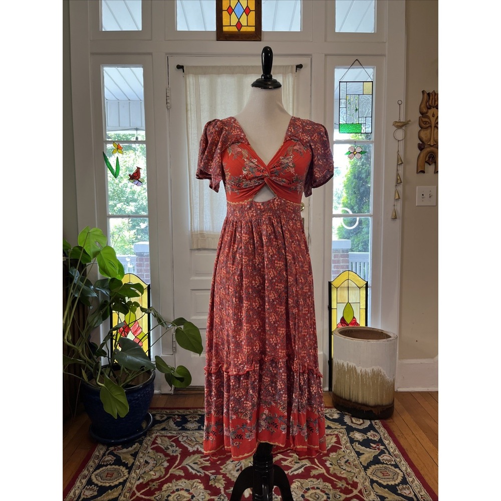 ANGIE S Red Floral Boho Cutout Maxi Smocked Sun Dress Hippie Festival Cottage
